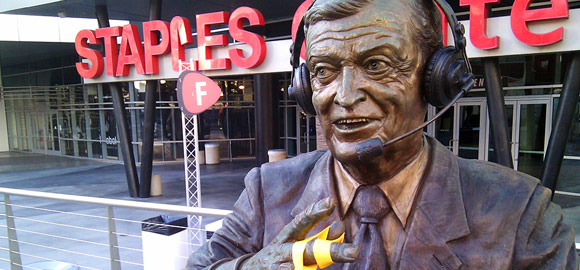 Chick Hearn statue holding my bling