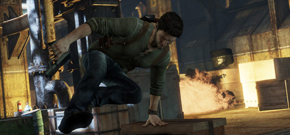 Nathan Drake jumping over a crate