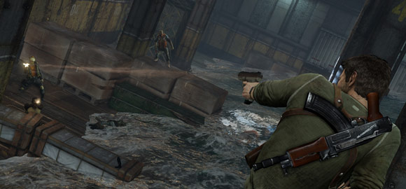 Nathan Drake in a firefight on a sinking ship