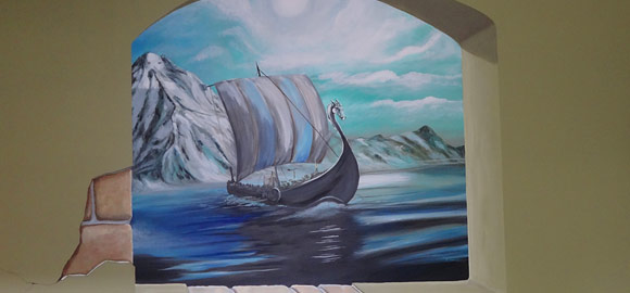 Viking ship mural in Timo's home