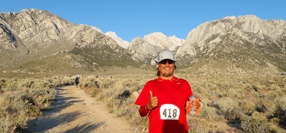 Terry on the trail at Mt. Whitney, epic view!